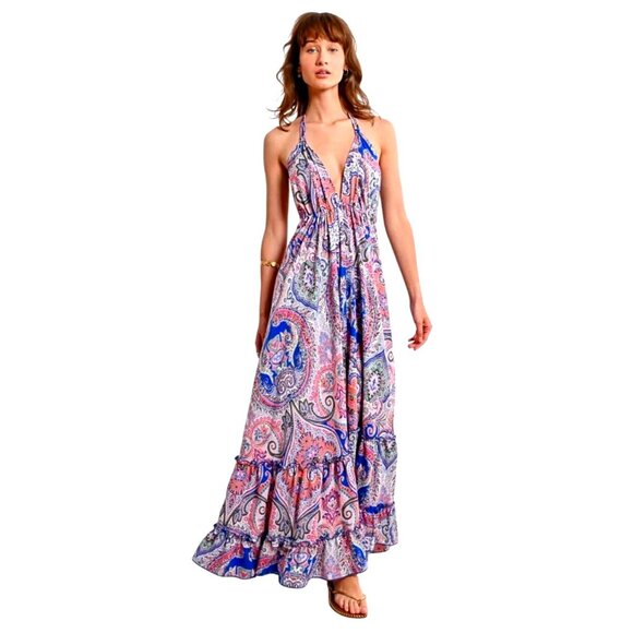 Molly Bracken Ladies Woven Long Backless Dress Multicolor Paisley XL Ruffle Hem - Picture 1 of 10